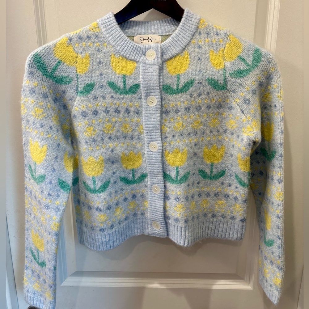 NWT Jessica Simpson Light Blue Cardigan with Yellow Tulip Floral Design- XS